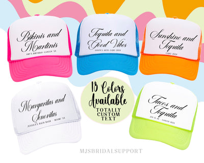 Personalized Bachelorette and Birthday Trucker Hats – 24 Colors & Custom Wording | Script Design