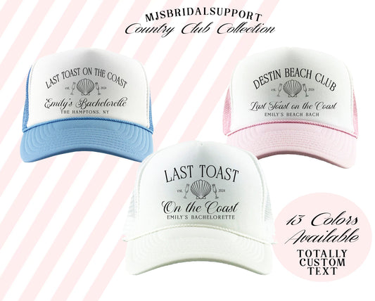 Personalized Bachelorette Trucker Hats – 24 Colors & Custom Wording | Shell Design Last Toast on Coast Theme
