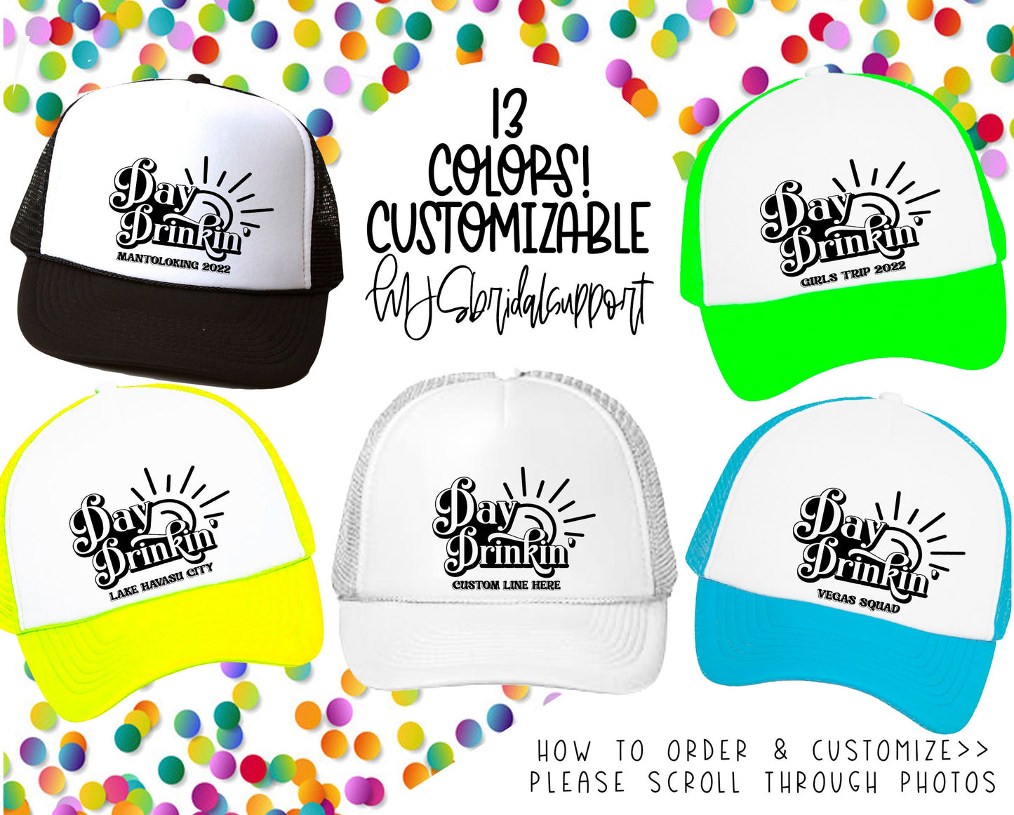 Personalized Trucker Hats – 24 Colors & Custom Wording | Day Drinking Design with Custom text line