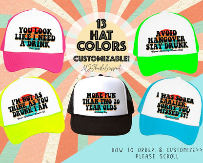 Retro Sunset Trucker Hat – Custom Funny Alcohol Sayings, Booze Crew & Party Squad Hats – Personalized Drinking Gifts