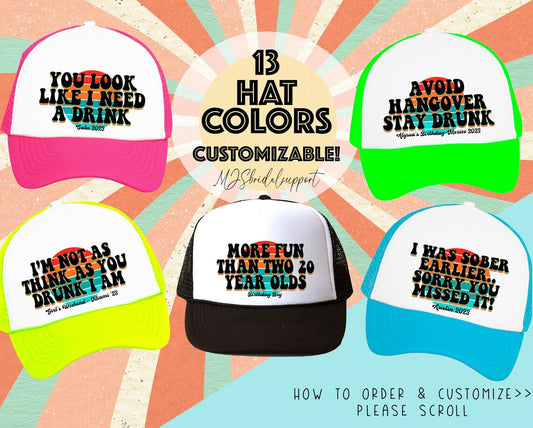 Retro Sunset Trucker Hat – Custom Funny Alcohol Sayings, Booze Crew & Party Squad Hats – Personalized Drinking Gifts