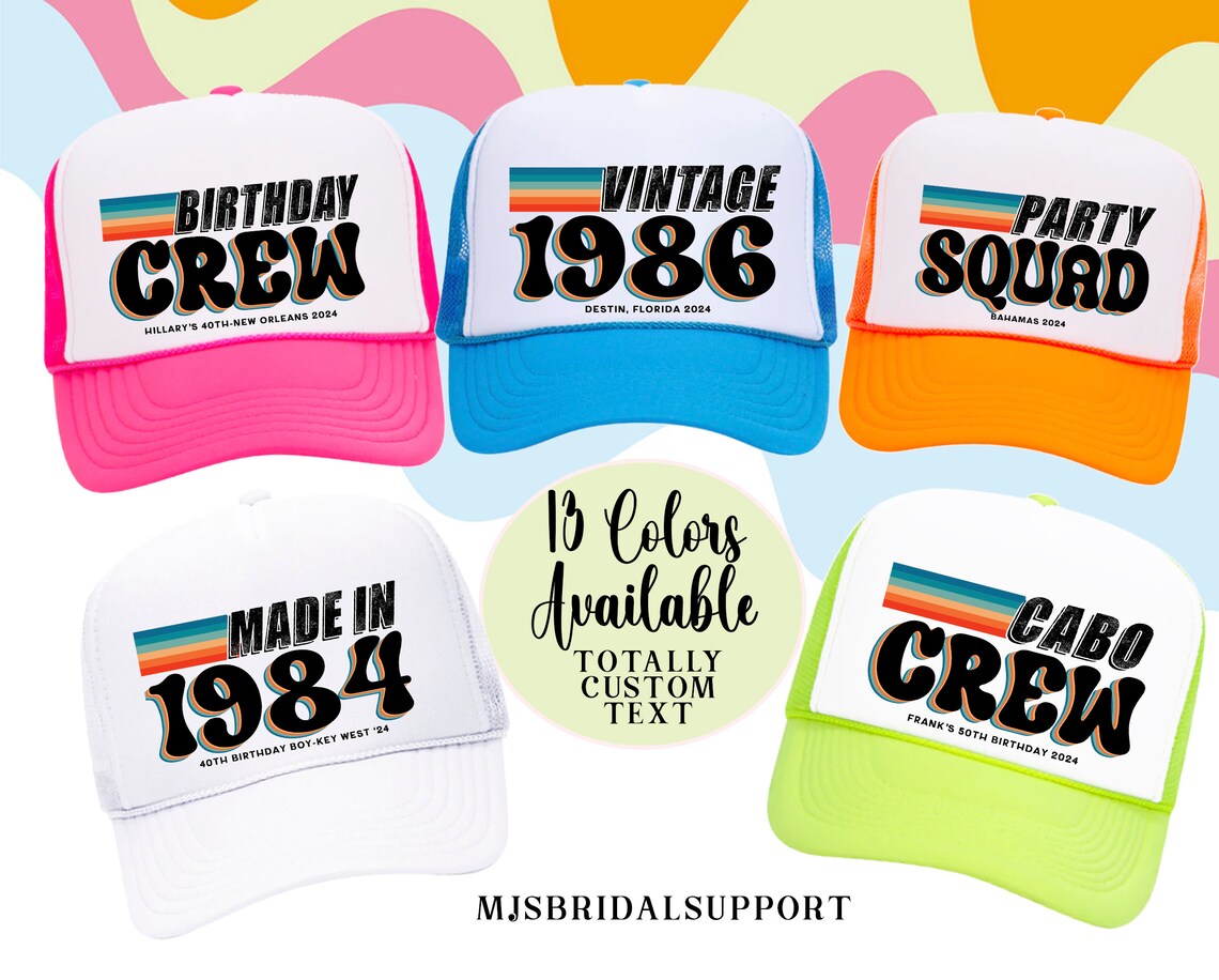 Custom Retro Stripe Trucker Hats – Vintage Year, Vacation & Birthday Squad Hats – Personalized 80s Style Striped Party & Group Caps