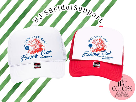 Custom Fishing Trucker Hat – “Last Cast” Bachelor Party & Fishing Crew Hats | Personalized Guys Trip Caps