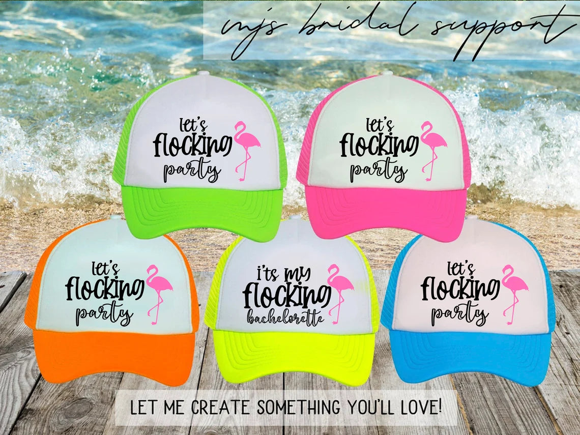 Let’s Flocking Party Trucker Hat – Custom Flamingo Bachelorette Party Hats | Girls Trip & Birthday Party Caps