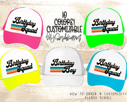 Custom Retro Stripes Birthday Trucker Hat – Birthday Girl, Birthday Boy & Squad Hats – Personalized Party Favor