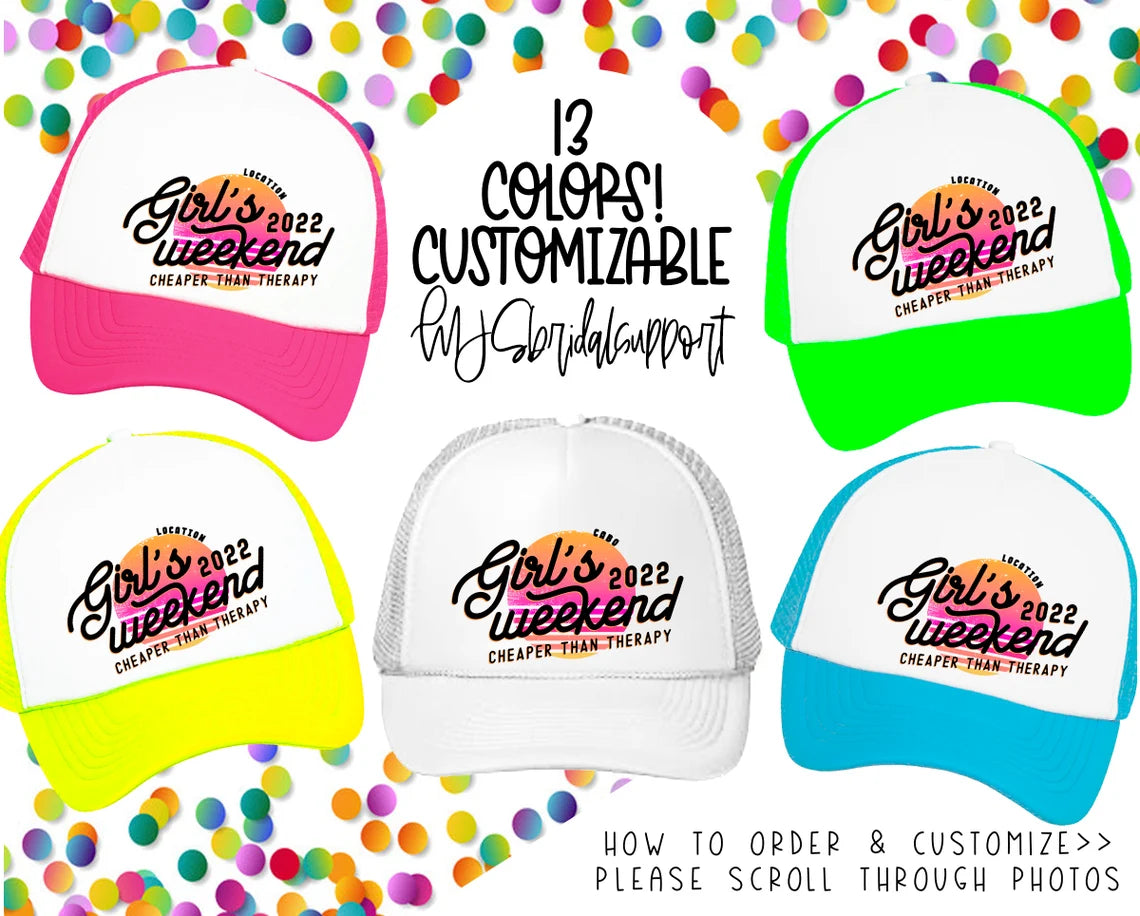 Retro Sunset Girls Weekend Trucker Hat – Custom Location & Year – Personalized Bachelorette, Birthday & Vacation Hats for Best Friends