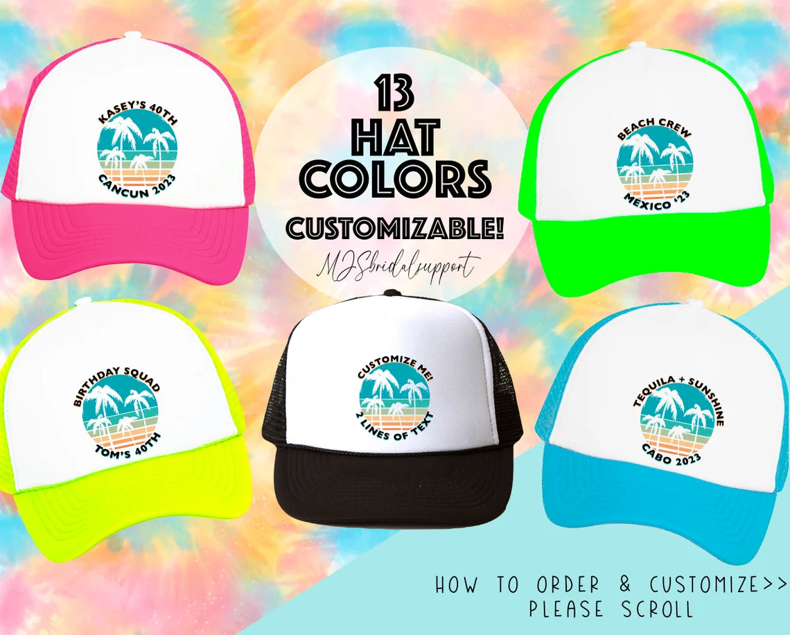 Custom Retro Sunset Tropical Birthday Trucker Hat – Personalized Caps with Location Family Vacation Beach Destination