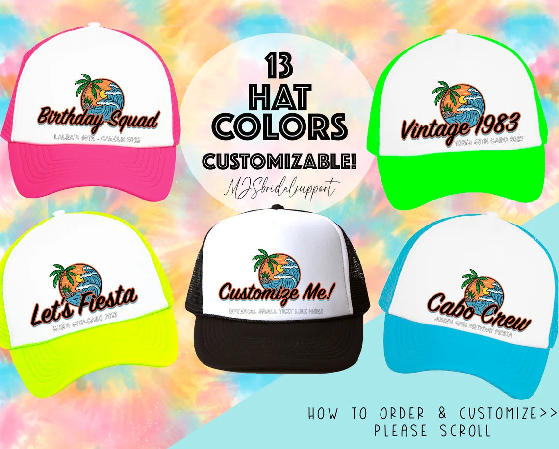 Custom Retro Sunset Tropical Birthday Trucker Hat – Personalized Caps with Location Family Vacation Beach Destination