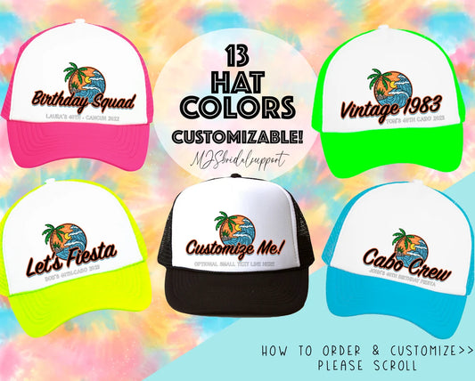 Custom Retro Sunset Tropical Birthday Trucker Hat – Personalized Caps with Location Family Vacation Beach Destination