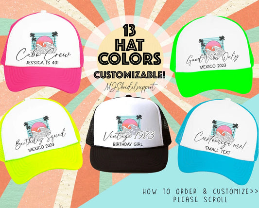 Custom Retro Hawaii Waves Tropical Birthday Trucker Hat – Personalized Caps with Location Family Vacation Beach Destination