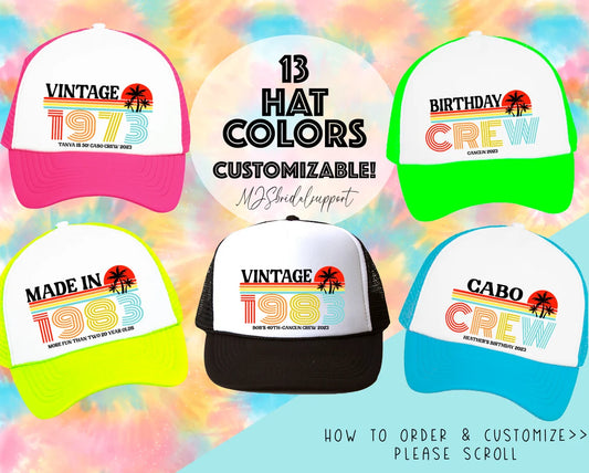 Custom Retro Sunset Tropical Birthday Trucker Hat – Personalized Caps with Location Family Vacation Beach Destination