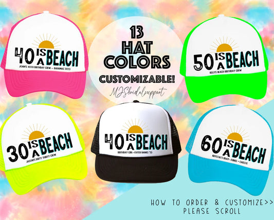Custom Birthday Trucker Hats – “Age Is a Beach” Party Caps | 30th, 40th, 50th, 60th Birthday Beach Trip Hats