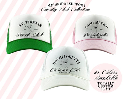 Personalized Bachelorette Trucker Hats – 24 Colors & Custom Wording | Martini Design Cabana Beach Club