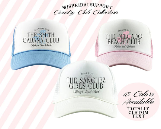 Custom Country Club Trucker Hat – Personalized Bachelorette & Girls Trip Hats | Cabana Club, Beach Club, Retro Party Caps