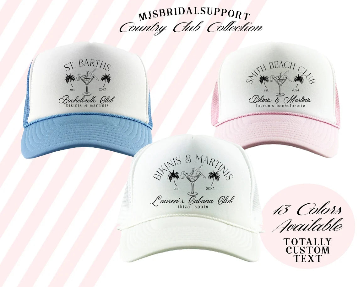 Custom Martini Bachelorette Trucker Hat – Personalized Bachelorette Party & Girls Trip Beach Club Cap