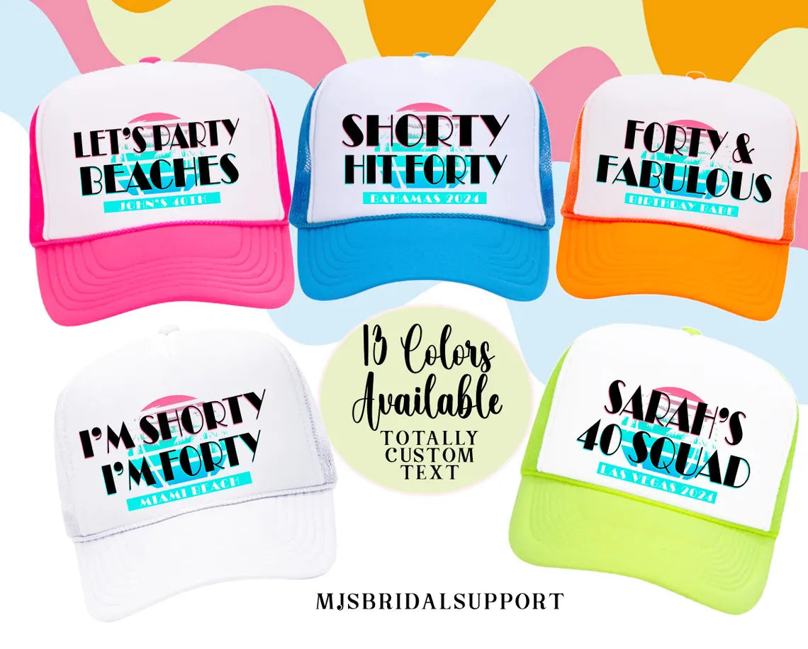 Custom Retro Miami Sunset Palms Birthday Trucker Hat – Personalized Caps with Location Family Vacation Beach Destination (Copy)