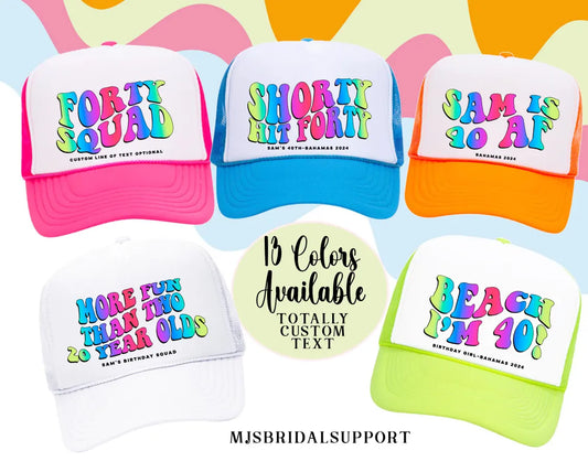 Custom Retro Rainbow Trucker Hat – Personalized 40th Birthday Party Caps | “Forty Squad / Shorty Hit Forty / Beach I’m 40” Designs