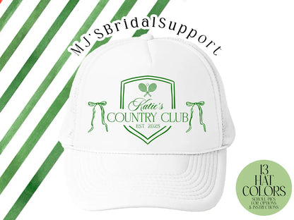 Custom Country Club Bachelorette Hats – Preppy Bride & Bridesmaid Trucker Caps | Tennis + Pickleball Inspired Party Hats
