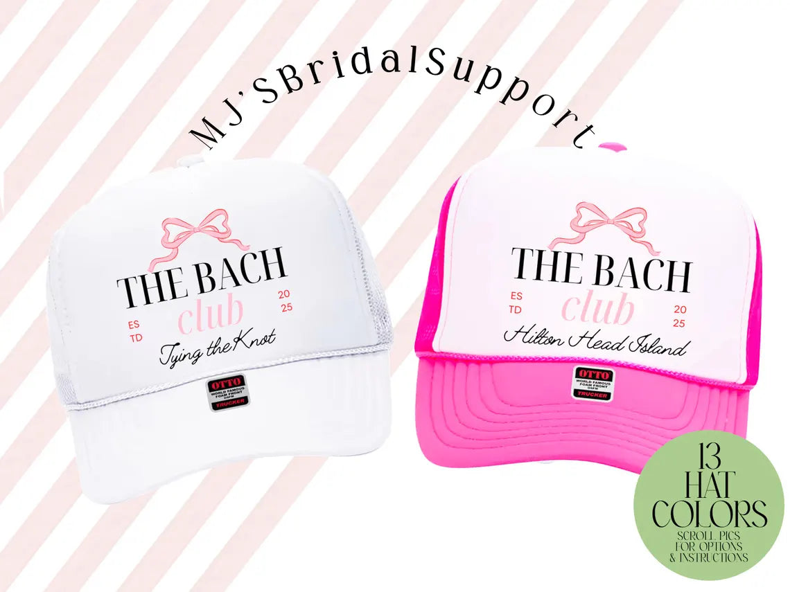 The Bach Club Trucker Hat – Custom Bachelorette Party Hats with Pink Bow | Bride Tribe & Girls Trip Caps