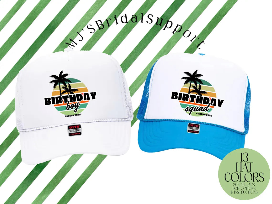Custom Retro Sun Palm Trees Birthday Trucker Hat – Personalized “Birthday Squad / Party Crew” Caps with Location