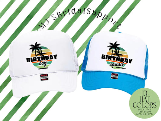 Custom Retro Sun Palm Trees Birthday Trucker Hat – Personalized “Birthday Squad / Party Crew” Caps with Location