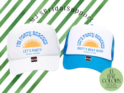 Custom Retro Sun Tropical Birthday Trucker Hat – Personalized “Birthday Squad / Party Crew / I’m 40 Beaches” Caps with Location