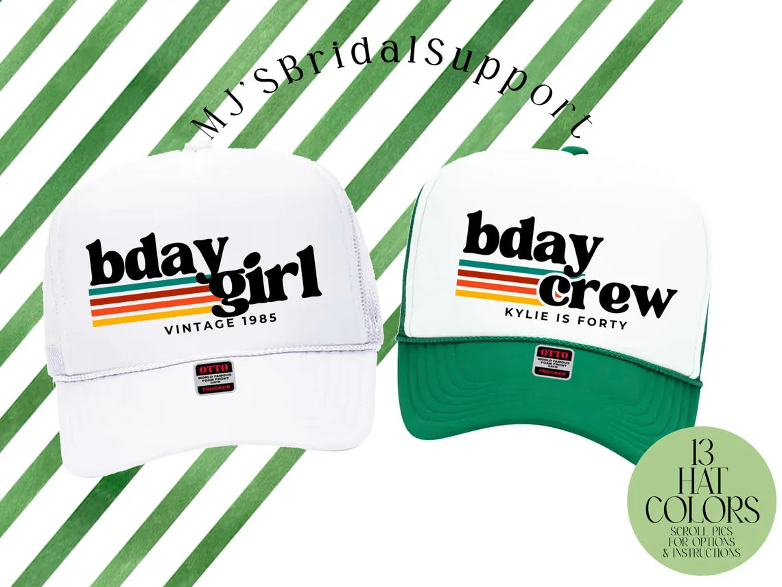 Retro Stripes Birthday Trucker Hat – Custom Text & Location – Personalized Hats for Bachelorette, Birthday, Hiking, Cabin & Outdoor Trips