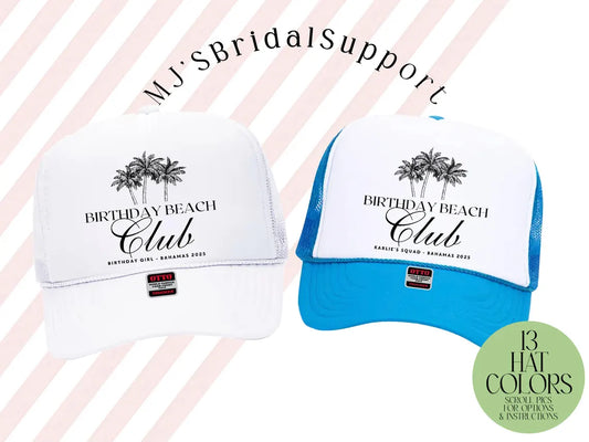 Custom Palm Tree Tropical Birthday Trucker Hat – Personalized Caps with Location Family Vacation Beach Destination Birthday Beach Club