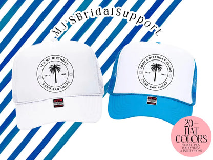 Custom Palm Tree Tropical Birthday Trucker Hat – Personalized Caps with Location Family Vacation Beach Destination
