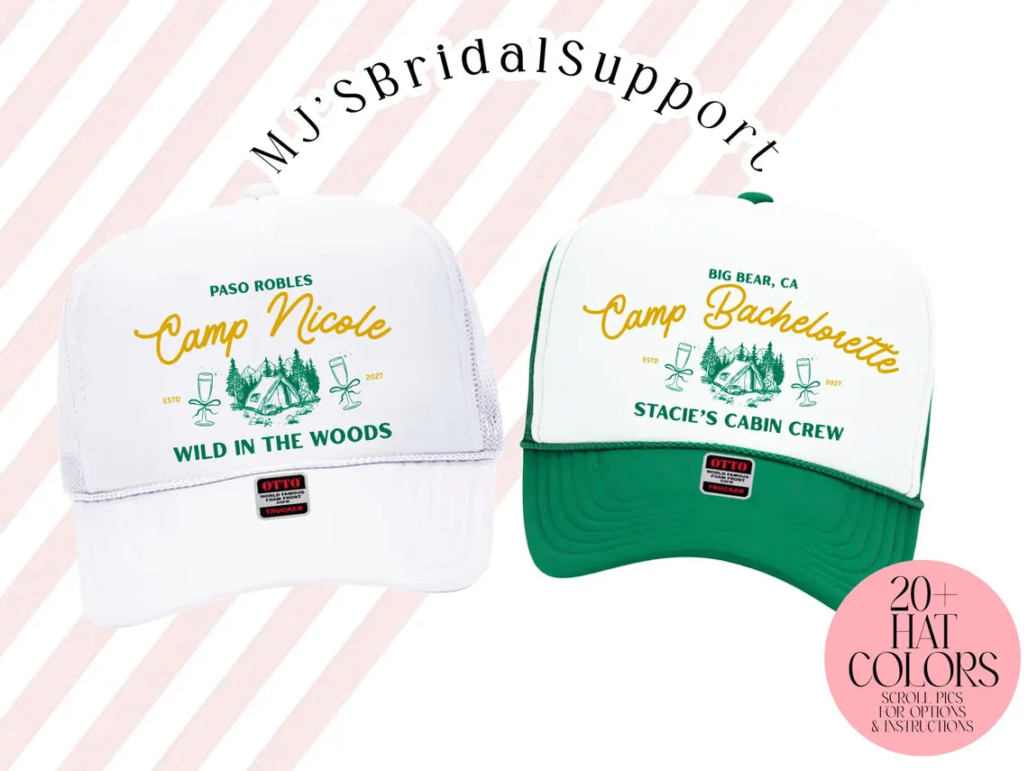 Custom Camp Bachelorette Trucker Hat – Cabin Crew & Glamping Weekend Hats | Personalized Camping Party Caps