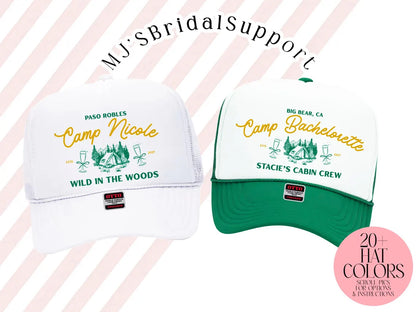 Custom Camp Bachelorette Trucker Hat – Cabin Crew & Glamping Weekend Hats | Personalized Camping Party Caps