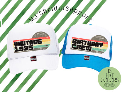 Retro Stripes Birthday Trucker Hat – Custom Text & Location – Personalized Hats for Bachelorette, Birthday, Hiking, Cabin & Outdoor Trips