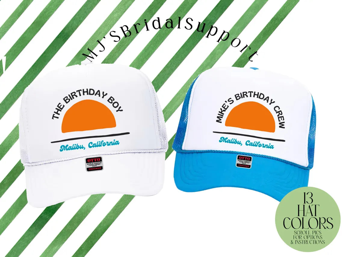 Custom Sunset Birthday Trucker Hat – Personalized “Birthday Boy Girl / Birthday Crew” Caps | Custom Location Party Hats