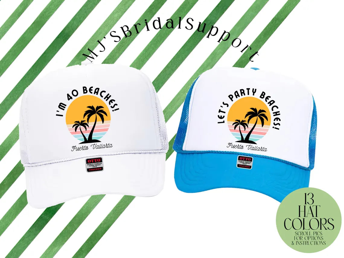 Custom Retro Sunset Tropical Birthday Trucker Hat – Personalized “Birthday Squad / Party Crew / I’m 40 Beaches” Caps with Location