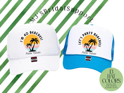 Custom Retro Sunset Tropical Birthday Trucker Hat – Personalized “Birthday Squad / Party Crew / I’m 40 Beaches” Caps with Location