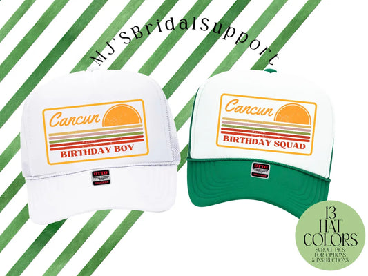 Retro Stripes Birthday Trucker Hat – Custom Text & Location – Personalized Hats for Bachelorette, Birthday, Hiking, Cabin & Outdoor Trips