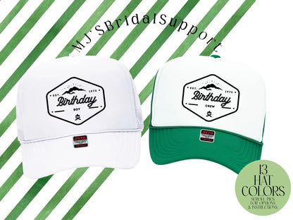 Custom Mountain Birthday Trucker Hat – Personalized “Birthday Boy / Birthday Crew” Outdoor Badge Caps | Retro Snapback