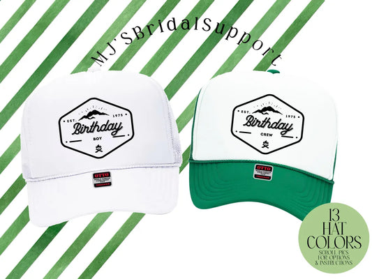 Custom Mountain Birthday Trucker Hat – Personalized “Birthday Boy / Birthday Crew” Outdoor Badge Caps | Retro Snapback