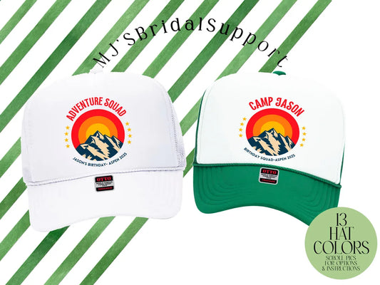Adventure Squad Trucker Hat – Custom Camp Birthday Crew Hats with Retro Mountain Design – Personalized Party & Outdoor Celebration Hats