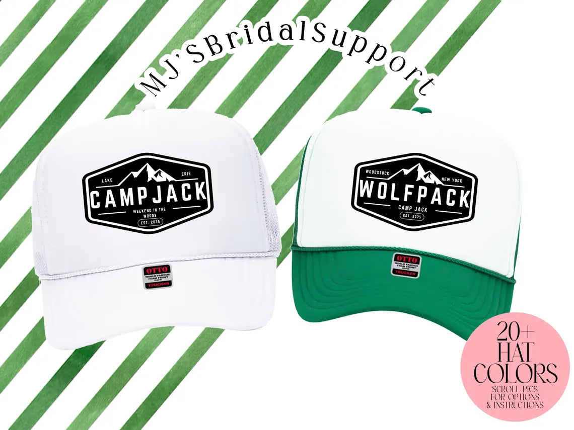 Custom Camp Trucker Hat – Bachelor Party & Guys Trip Hats | Mountain Badge Design | Camp Crew & Wolfpack Caps