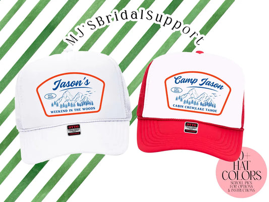 Custom Camp Badge Trucker Hat – Bachelor Party & Cabin Weekend Hats | Mountain Adventure Crew Caps