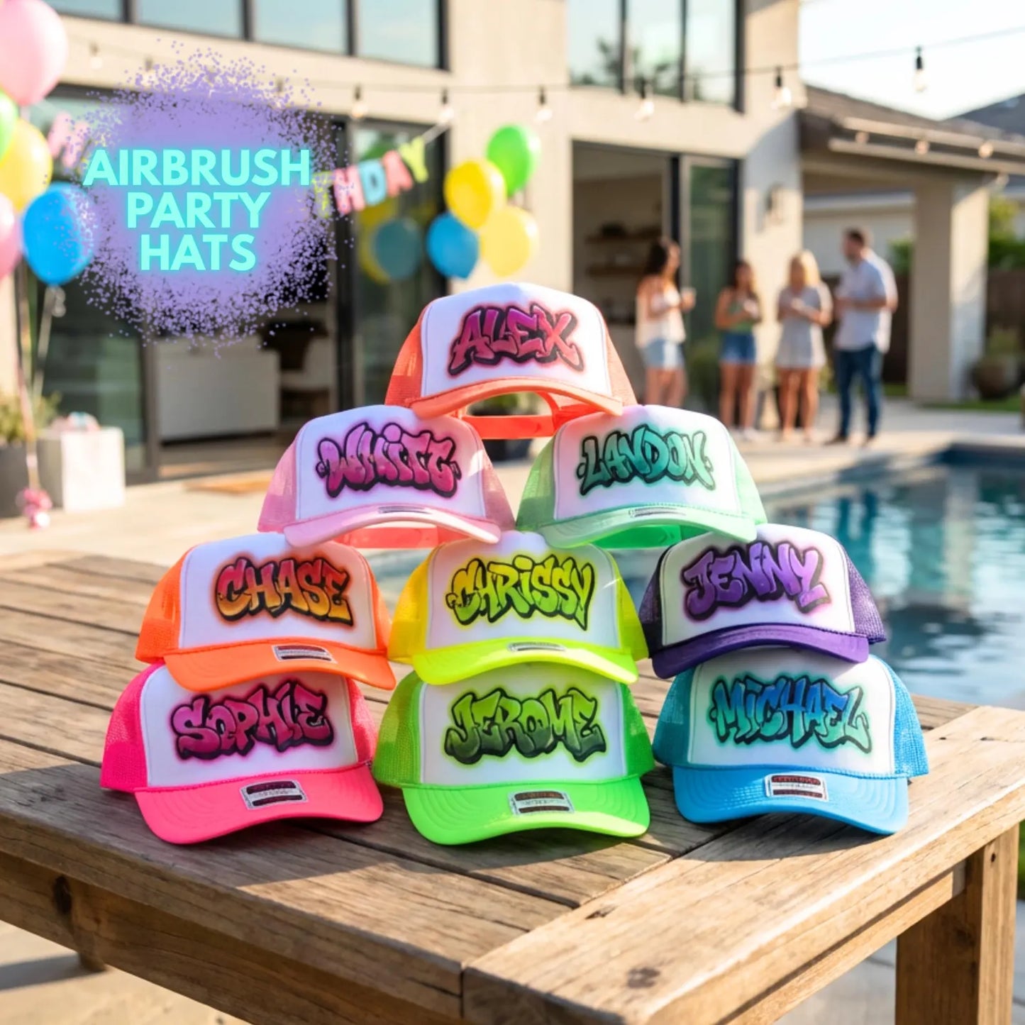 Custom Airbrush Party Hats, Personalized Name Hats for Kids, Airbrush Style, Birthday Party Favors, Bday Party Sports Team Soccer Hats