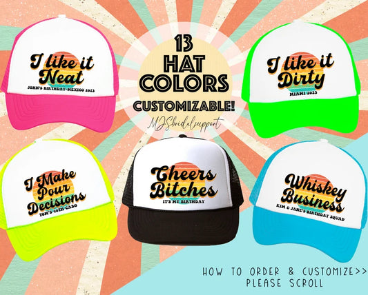 Retro Sunset Trucker Hat – Custom Funny Alcohol Sayings, Booze Crew & Party Squad Hats – Personalized Drinking Gifts
